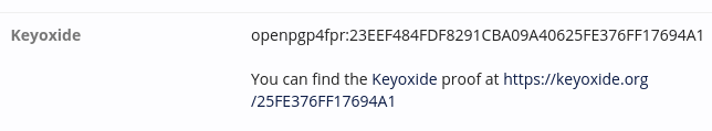 Bildschirmfoto von meinem Friendica Profil welcher den Eintrag zu Keyoxide zeigt